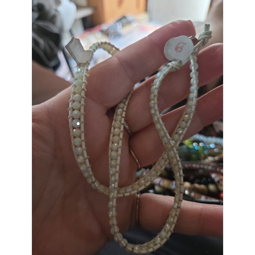 Victoria Emerson White Beaded Leather Wrap Necklace Bohemian Crystal Toggle